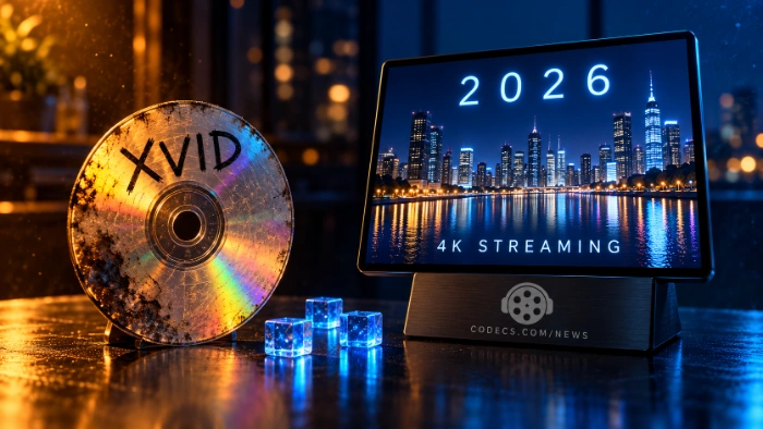 A scratched CD-R hand-labelled XVID in warm light beside a sleek screen glowing with a sharp 2026 city scene, the old codec facing the new