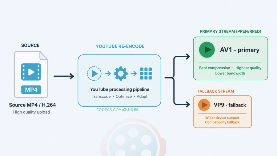Diagram showing a source video file re-encoded by YouTube into AV1 and VP9 delivery streams