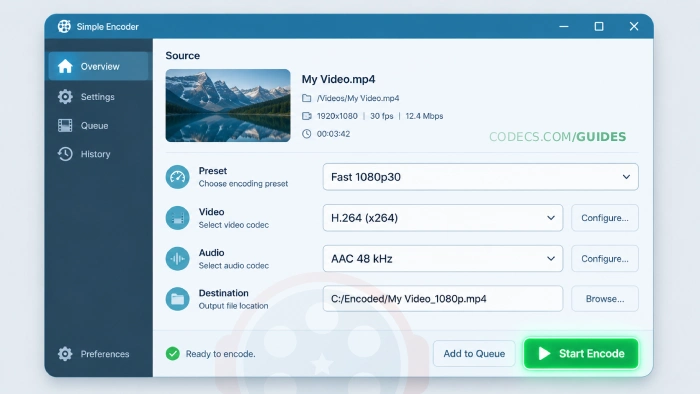 An interface configured with H.264 MP4 preset for a YouTube upload