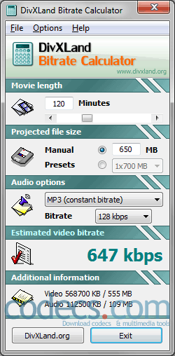 DivXLand Bitrate Calculator 2.9 screenshot